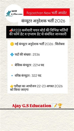 Computer Anudeshak Bharti 2026 || Rajasthan New Vacancy 2026 || Naw Syllabus, Exam date #shorts