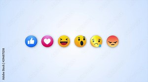 3D Like,love,haha,wow,sad and angry emoji button Animation with increasing counting of numbers on isolate white-blue background