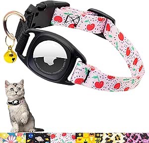 Airtag Cat Collar, GPS Cat Collar with Apple Air Tag Holder and Bell, Safety Elastic Band Cat Tracker Collar for Girl Boy Cats, Kittens and Puppies (Cherry, S)