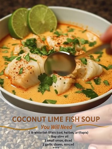 Coconut Lime Fish Soup 😋 Ingredients: 1 lb white fish fillets (cod, halibut, or tilapia) 1 tbsp olive oil 1 small onion, diced 2 garlic cloves, minced 1 tbsp ginger, minced 1 tbsp red curry paste 1 can (14 oz) coconut milk 2 cups chicken or vegetable broth 1 tbsp fish sauce Juice of 1 lime Salt and pepper to taste Fresh cilantro, for garnish Lime wedges, for serving Recipe in First Coʍmеոτ 👇 Enjoy ❤️👇👇👇 | Testy Homemade Recipes