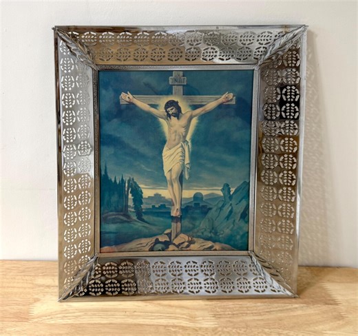 Vintage 3D Lenticular Religious Wall Art, Holographic Jesus Crucifixion Picture in Silver Metal Frame - Etsy