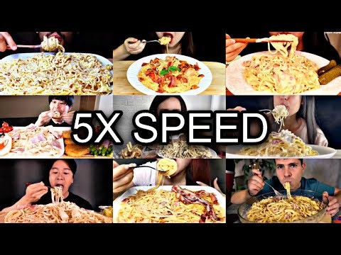 EATING CREAMY BACON SPAGHETTI ASMR MUKBANG COMPILATION | *5X SPEED* | *SATISFYING BIG BITES ASMR* 🥓