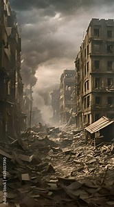 The ruins of a war-torn city, with crumbling buildings, shattered windows, and twisted metal