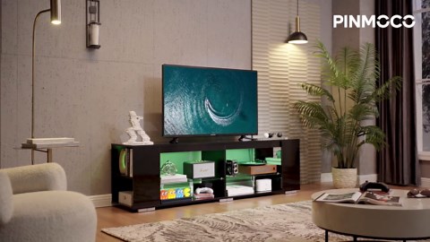 Pinmoco LED TV Stand for TVs up to 80", Gaming Entertainment Center with Side Bookshelf and 4 Open Shelves, Black