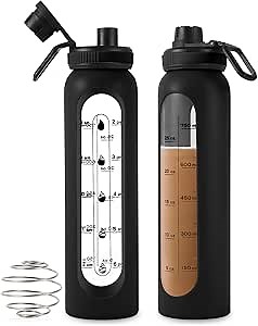 Glass Shaker Bottle 34oz/1L Black Glass Protein Shaker Bottle With Shaker Ball Large Shaker Bottles for Protein Mixes Portable Powder Mixer Blender Water Bottle for Gym Workout Sports