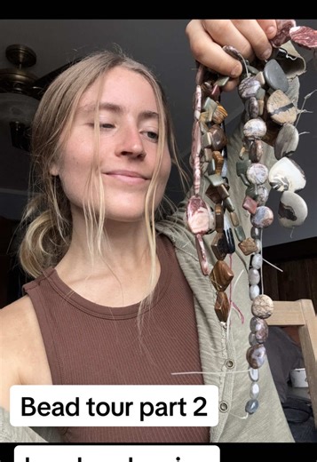 Replying to @A 🌞 Bead Tour Part 2! it was so sweet that you guys were interested in wanting to see more of my personal bead collection! I wish I could make a whole 10 minute video in itself because so many pieces have stories that I have to cut out for the video because I can’t make it that long🥲 The first bin I showed you is more of a “what do I do with these funky pieces?” box: large cabachons, irregular shaped stones, prior projects I never got to.. that kind of vibe😂 the second table I sh