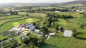 Tech wifi theme. Rural broadband connection inter web, internet technology graphic overlay on farmland aerial view. Government spending on 5G, 4G connectivity.