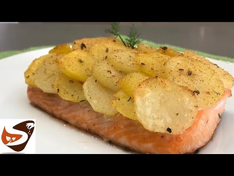 Baked salmon with crispy potatoes! Tasty, quick, and easy (Second courses)