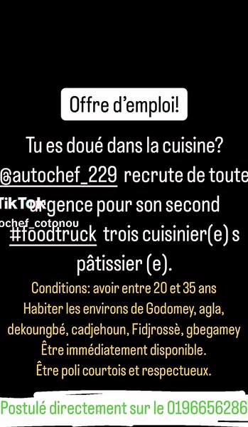 Envoie à tout tes contacts quelqu’un peut être dans le besoin d’emploi. Contact 0196656286