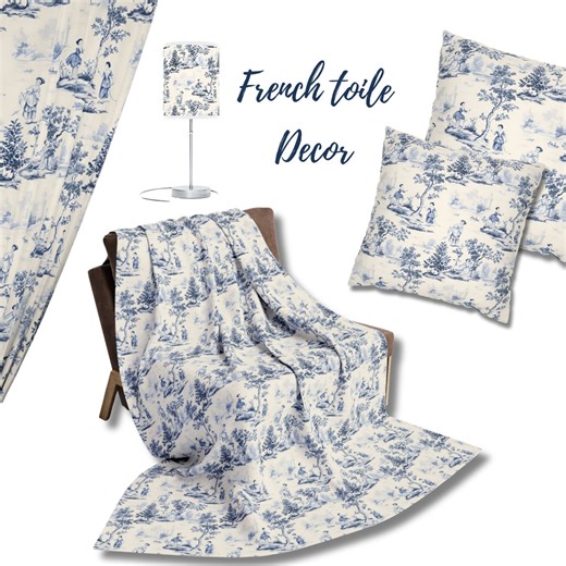 Blue French Toile De Jouy Home Decor: Farmhouse Throw Blanket & Pillows - Etsy