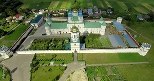 Holy Trinity Monastery of the UOC-MP. City of Ostrog. Ukraine, Rivne region, Aerial drone view