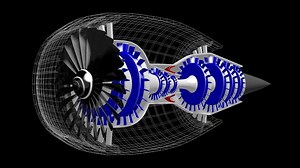 Working Jet Engine with Rotating Blades - 3D Wireframe Model on Black Background