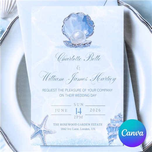 Coastal Wedding Invitation Template | Blue Crystal Coquette Canva | Seashell Pearl Beach Wedding | Printable Digital Download Editable - Etsy