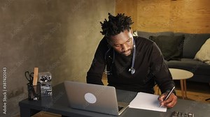 telehealth with virtual doctor appointment and online therapy session. Black doctor online conference