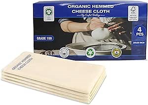 100% Organic Cotton Cheese Cloths Grade 100, Ultra Fine Hemmed Unbleached Cheesecloths for Straining, Reusable Muslin Cheese Cloths for Cooking, Roasting, Cheese Making (4 Pack, 20"x20")