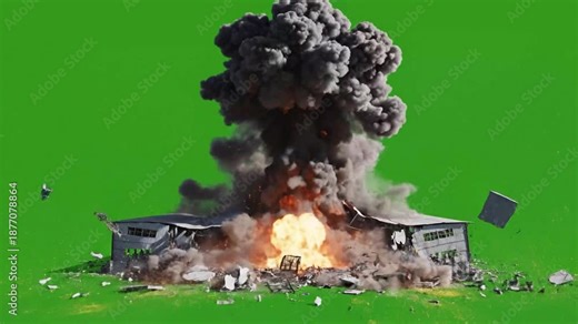 Sequential Explosions of a Building Simulation Animation with Green Screen
