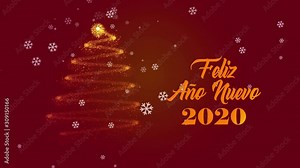 Feliz Ano Nuevo 2020 postcard animation in after effects. Animated text and tree with snow on red background. Translation: Happy New Year 2020.