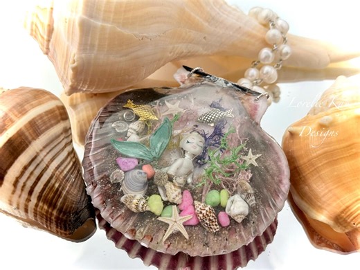 Mermaid in A Half Shell Necklace Mixed Media Resin Pendant Lorelie Kay Original - Etsy