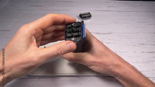 Disassembling a men's electric wireless razor and replacing old batteries - step 10 of 10, part of a series: reassembly phase, repositioning of the swing frame springs and razor function test