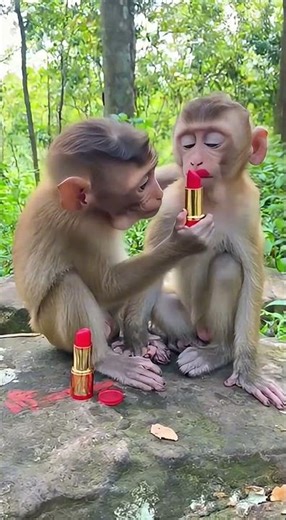 Baby Monkey Puts Lipstick on his Friend 🐒 #shorts