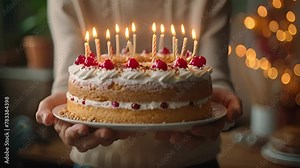 Holding a Birthday cake. Close up festive cake with burning candles happy bearded unrecognizable birthday man smiling make wish celebrate event with friends at home party celebration anniversary year