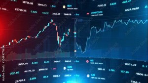 A high-tech animated financial dashboard displaying stock market data, fluctuating graphs, and various stock indices. It showcases buy and sell signals, trading activity, and real-time market analysis