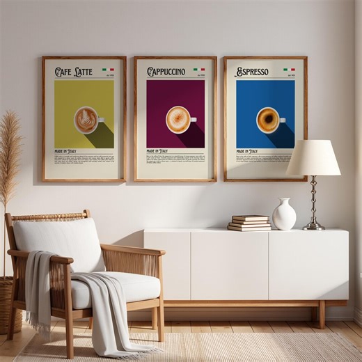 Mid Century Coffee Poster Set of 3 | Espresso Cappuccino Latte Wall Art | Modern Kitchen Decor | Coffee Shop Prints - Etsy