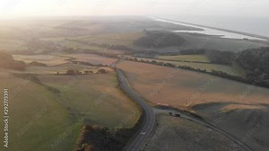 An aerial forward footage of the Unesco World Heritage Jurassic Coast Site on the English Channel coast of southern England