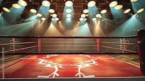 An intense boxing match setting with bright lights illuminating the ring from above in an indoor arena