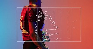 Animation of sports field drawing over american football player on neon background. Sports and communication concept digitally generated video.