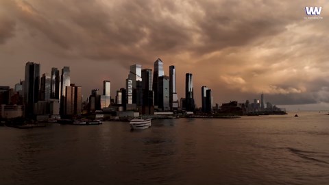 Drone captures stunning sunset thunderstorm rolling across New York skyline