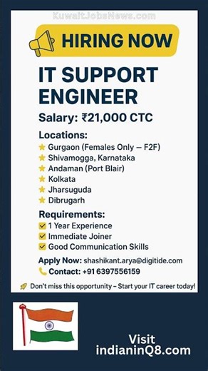 🌟 HIRING NOW – IT SUPPORT ENGINEER 🌟 Multiple Jobs in Multiple Locations Freshers / Experienced
