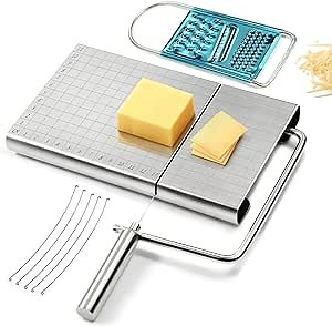 Wire Cheese Slicer,Stainless Steel cheese Cutter with 5 Replacement Wires & grater,Accurate Size Scale Cheese Cutting Board for Cheese Butter