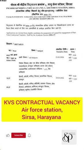 KVS CONTRACTUAL VACANCY Aur Force Station, Sirsa, Haryana #youtubeshorts #governmentjobs