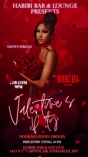 Valentine’s Party vibes loading ❤️🌹✨ Habibi Bar & Lounge presents an unforgettable Valentine’s night you don’t want to miss. Join us on February 13th at 9PM for a night filled with love, music, and late-night energy 💃🏽🍸 🌹 Red roses for everyone at the door — because Valentine’s starts the moment you walk in ❤️ 🎧 @djsteviebeam314 on the decks bringing smooth vibes and party anthems all night long 🌹 Romantic atmosphere, perfect for couples, singles, and friends 💨 Premium hookah flavors 🍽️