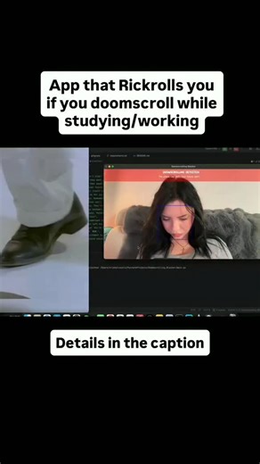 Sophia 🌹 on Instagram: "Code on my Github /kristelTech I coded an app that LOUDLY Rickrolls me (and roasts me) every time I start doomscrolling. How it works: Using Python + OpenCV, I track face position, head tilt, and eye landmarks (via dlib, with an OpenCV fallback) to detect when I’m looking down at my phone for too long. When doomscrolling is detected, it escalates fast: - On-screen warnings - Brutal roast messages - RICKROLL Is it aggressive? Yes. Is it effective? Also yes. Sometimes the
