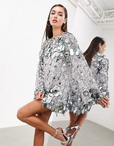 ASOS EDITION stacked multi sequin loose fit mini dress in gray | ASOS