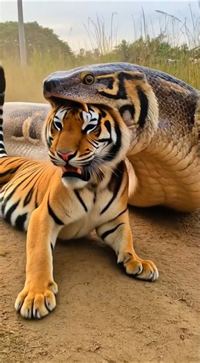 a big python and a tiger are playing