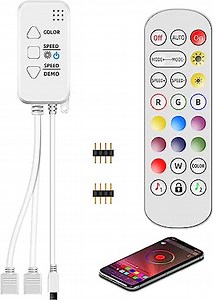 New Mic Control Music Sync Controller, Mobile APP can Control Colors Adjust and Timer Function,24Keys IR Remote Controller, for 5V-12V RGB 3528 5050 Strip Lights.2-Port Outputs