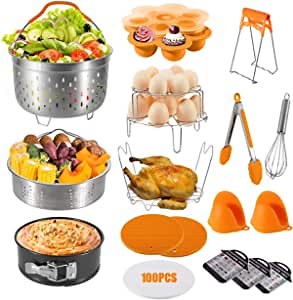 amorus 117 Pcs Accessories Set for Instant Pot 6 Qt 8 Quart Pressure Cooker Accessory - 2 Steamer Baskets, Springform Pan, Egg Bites Mold, Stackable Egg Steamer Rack (Orange)