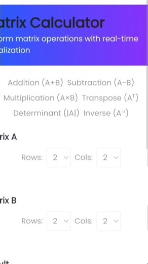 Sunil Kumar Sharma on Instagram: "**Matrix Calculator 🔢📊** Easily perform matrix operations like addition, subtraction, multiplication, transpose, and more in just seconds. Perfect for students, engineers, teachers, and anyone working with linear algebra or advanced mathematics. 🚀 Why use this tool? ✅ Fast & accurate matrix calculations ✅ Supports multiple matrix operations ✅ Clean, simple & user-friendly interface ✅ No signup, no watermark ✅ Works smoothly on all devices Make complex matrix 