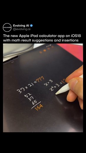 Evolving AI on Instagram: "This is next-level ✍️彩 The new Calculator app not only works like a regular calculator app, it also has a feature called Math Notes that lets users write down math expressions or equations using an Apple Pencil and see them solved instantly. #ai #chatgpt #aitools #openai #aitips #machinelearning"