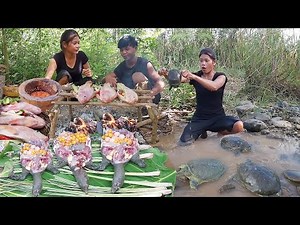 Life in jungle, Turtle cooking tasty for jungle food, Catch and cook Redfish for food of survival
