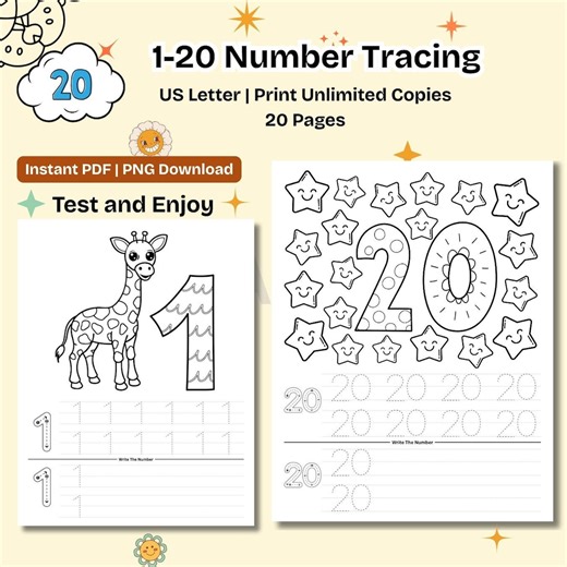 Number Tracing 1-20 Worksheets – Preschool Handwriting Practice (PDF) - Etsy UK