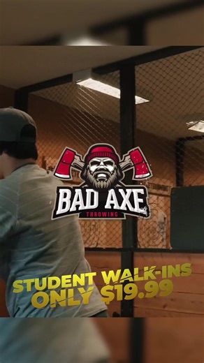 Students throw on the cheap 🤑 Bring some friends and try out axe throwing during our walk-in hours for onlv $19.99! 🪓 Valid Student ID required 💳 #axethrowing #badaxethrowing #nightout #datenight