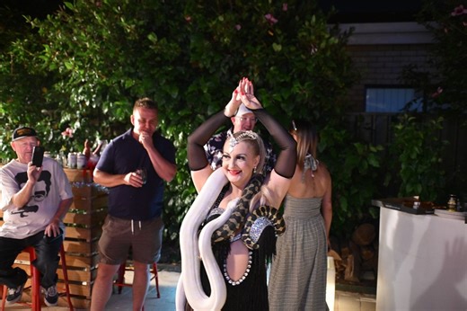Belly dancing for a fun, private Christmas Party with my pet Pythons #bellydance #christmasparty #petpythons | Serpent Dancer
