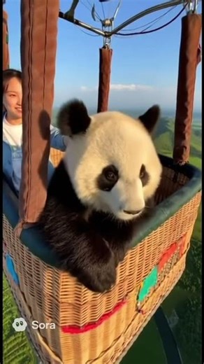 Acute giant panda sitting in a colorful hot air balloon basket #sora #pet #view #views #imagination