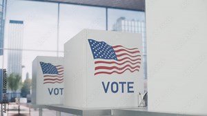Elections Day in the United States. Establishing Footage of an Empty Polling Place with Voting Booths with an American Flag Logo. Preparation for the Presidential Elections in US