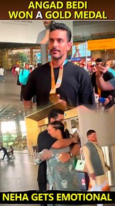 141K views · 3.4K reactions | Angad Bedi wins the gold medal at the International Masters 2023 Athletics Championship and returns from Dubai, spotted at the airport. His wife and actress, Neha Dhupia, gets emotional and hugs him. | Bollywood Now | Facebook