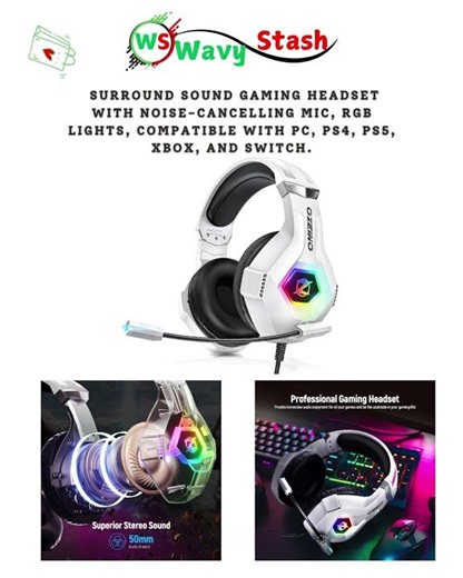 surround sound gaming headset with noise cancelling mic, RGB lights - Bstever at WAVYSTASH
